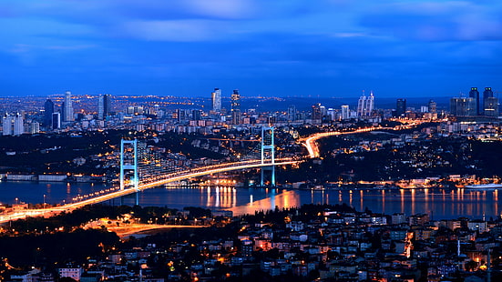 Вид с воздуха на столичный Стамбул, Турция мост, Турция, Стамбул, ночь, 4k, HD обои HD wallpaper