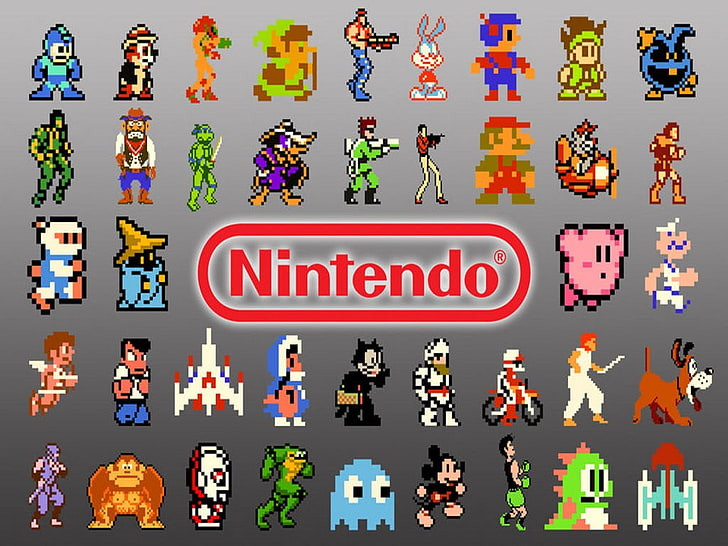 任天堂のロゴ、ビデオゲーム、コラージュ、任天堂、ピクセル、レトロゲーム、 HDデスクトップの壁紙