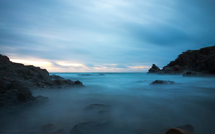 gray structure covered in fog during sunset, Blue On Blue, Blue  gray, structure, covered, fog, sunset, Blue hour, Blue sky, Bretagne, bzh, breizh, ocean  Port, de, Doelan, shoot, RAW, SOny, RX, pose, vario sonnar, Zeiss, B+W, vct, r100, sea, beach, nature, coastline, rock - Object, landscape, scenics, seascape, wave, water, blue, dusk, sky, outdoors, HD wallpaper