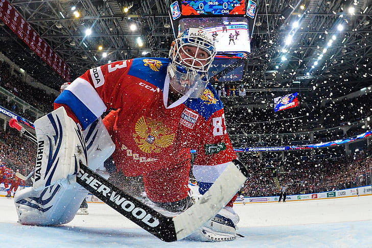 Canada, helmet, Russia, coat of arms, stick, hockey, goalkeeper, arena, best, fans, hockey player, Team Russia, Team, Olympic champion, KHL, Metallurg, the coat of arms of Russia, Vasily Koshechkin, Best goalkeeper, HD wallpaper