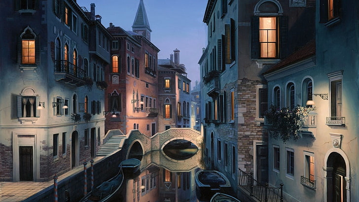 Гранд-канал иллюстрации, город, здания, река, мост, HD обои