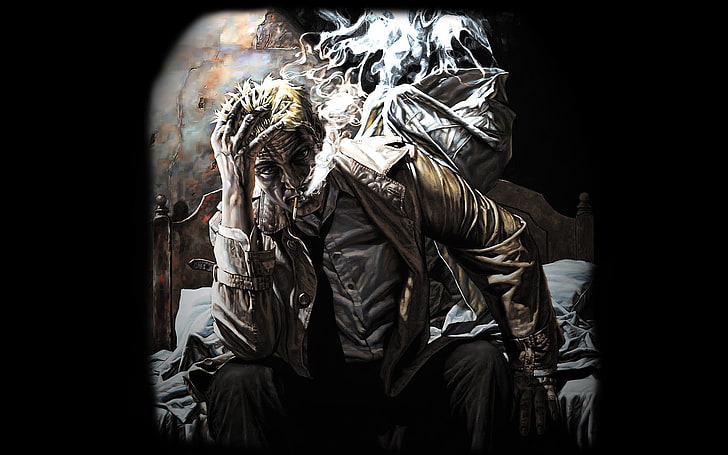 animated man sitting while holding head wallpaper, Constantine, Hellblazer, comic art, HD wallpaper