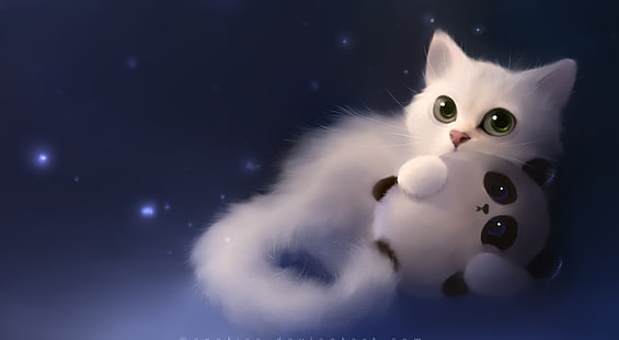 White Night, white cat hugging panda toy illustration, Artistic, Fantasy, Beautiful, Kitten, White, Artwork, Kitty, Animal, Painting, Cute, cat painting, nightmare, white cat, HD wallpaper HD wallpaper