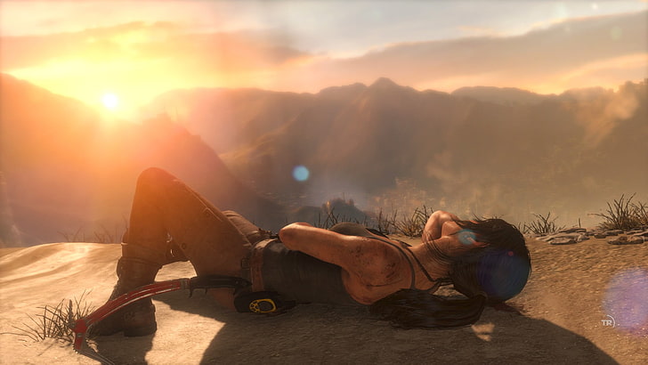 kvinna som ligger på klippformation under vita moln under solnedgången digital tapet, Rise of the Tomb Raider, Lara Croft, HD tapet