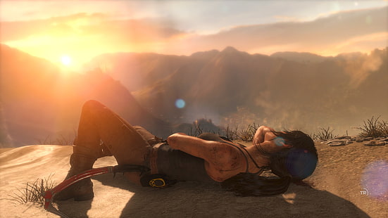 Wanita berbaring di formasi batu di bawah awan putih saat matahari terbenam wallpaper digital, Rise of the Tomb Raider, Lara Croft, Wallpaper HD HD wallpaper