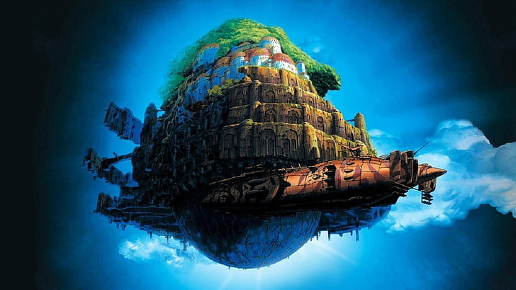 statek powietrzny z ilustracją wioski, Studio Ghibli, Castle in the Sky, anime, Tapety HD