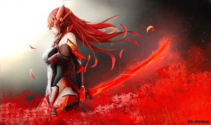 аниме, аниме девушки, длинные волосы, рыжая, красные глаза, меч, оружие, фантазийная девушка, HD обои