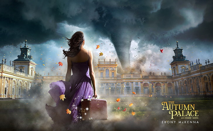 The Autumn Palace - Ondine 2, The Autumn Palace wallpaper, Aero, Creative, girl, movie, novel, ebony mckenna, author, book, series, ondine, young adult, fantasy, paranormal, adventure, romance, magical, witches, teen, season, the autumn palace, tornado, twister, weather, dress, suitcase, leaves, castle, teenager, cover, HD wallpaper