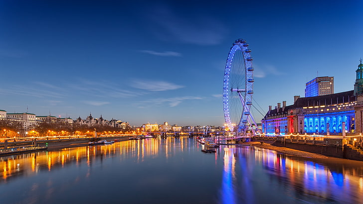 grande roue blanche, rivière, Londres, London Eye, grande roue, lumières, reflet, rivière Thames, Fond d'écran HD