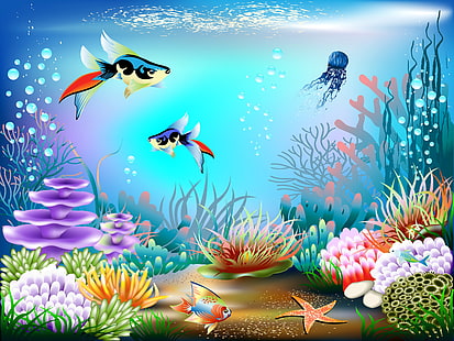 three fished in water illustration, fish, bubbles, vector, corals, underwater world, HD wallpaper HD wallpaper