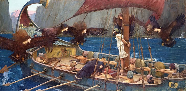 Ulysse et les sirènes, John William Waterhouse, Ulysse, mythologie romaine, mythologie grecque, art classique, peinture, Fond d'écran HD