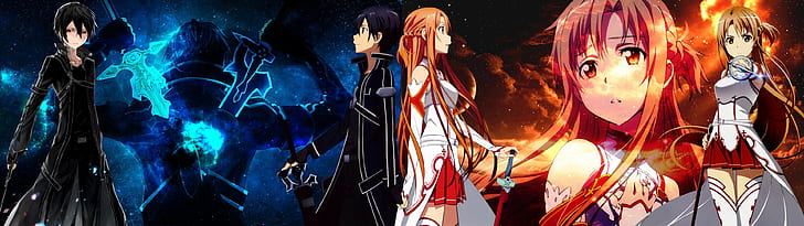 Yuuki Asuna, множество дисплеи, аниме, Sword Art Online, аниме момчета, аниме момичета, Kirigaya Kazuto, HD тапет