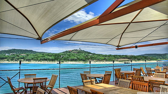 مطعم تراس على شاطئ البحر ، الشاطئ ، المطعم ، الشرفة ، الطبيعة والمناظر الطبيعية، خلفية HD HD wallpaper