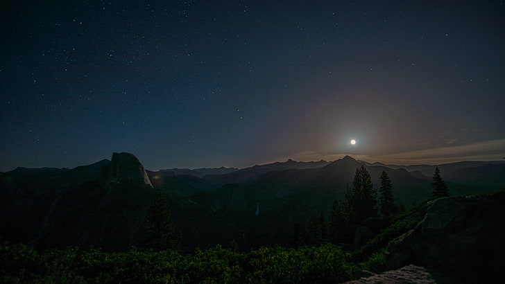 berg, natur, skog, måne, Yosemite Valley, Yosemite National Park, Kalifornien, berg, HD tapet