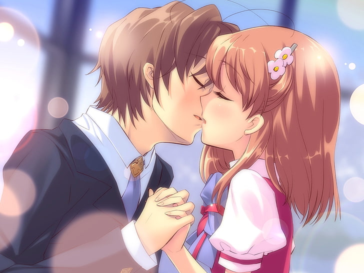 момче и момиче целуване аниме герой тапет, itou noiji, летящо сърце, inaba yui, момче, момиче, целувка, HD тапет