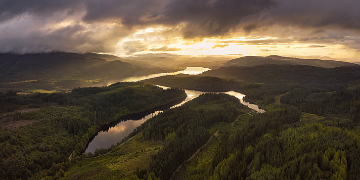 вид сверху на лес, Trossachs, Lochs, вершина, вид, лес, Шотландия, Loch Lomond, национальный парк, Loch Drunkie, Callander, природа, гора, закат, пейзаж, на открытом воздухе, scenics, холм, восход - Dawn, небо, облако- Небо, лето, горная вершина, HD обои