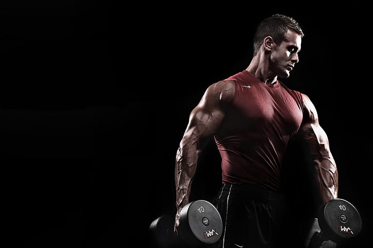 muscle, background black, pose, dumbbells, bodybuilder, HD wallpaper