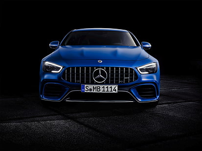 синий автомобиль Mercedes-Benz, Mercedes-AMG GT 63 S 4MATIC + 4-дверное купе, Женевский автосалон, 2018 год, 4K, HD обои HD wallpaper