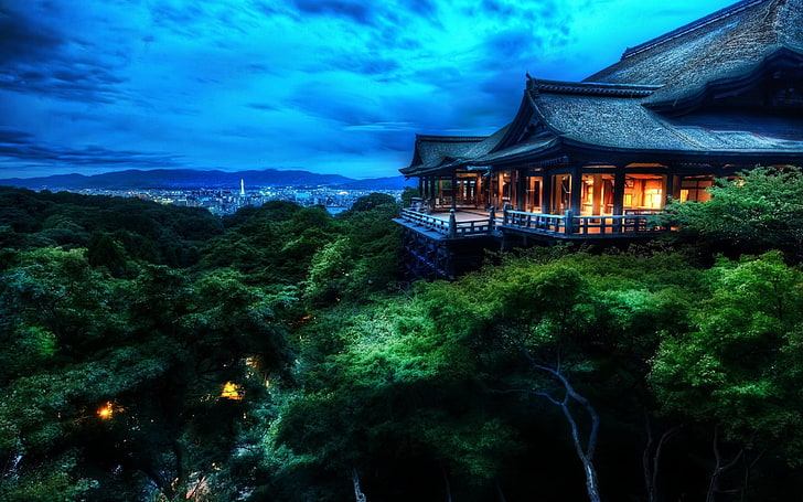 Templo gris, Kyoto, Japón, puesta de sol, Fondo de pantalla HD
