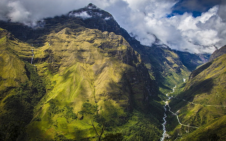 nature, paysage, montagnes, nuages, cascade, herbe, rivière, vallée, route, Bolivie, Fond d'écran HD
