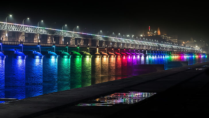 India, Vijayawada, città, ponte, fiume Krishna, Asia, luci al neon, colorato, luci, notte, tramonto, fiume, Sfondo HD