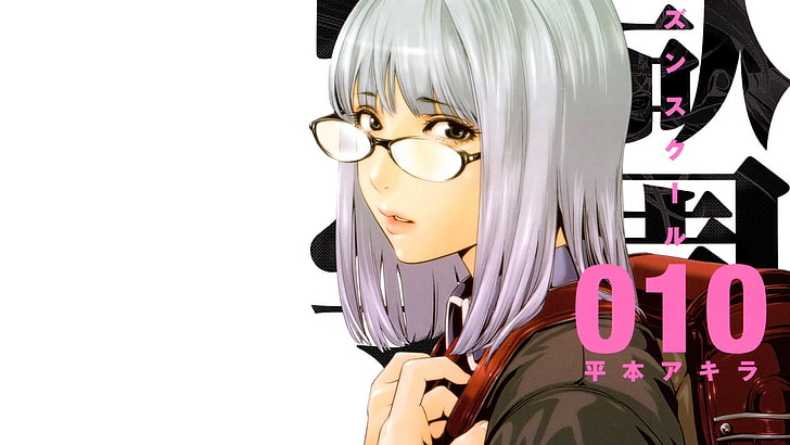 ilustrasi karakter anime wanita berambut abu-abu dengan hamparan teks, Prison School, Wallpaper HD