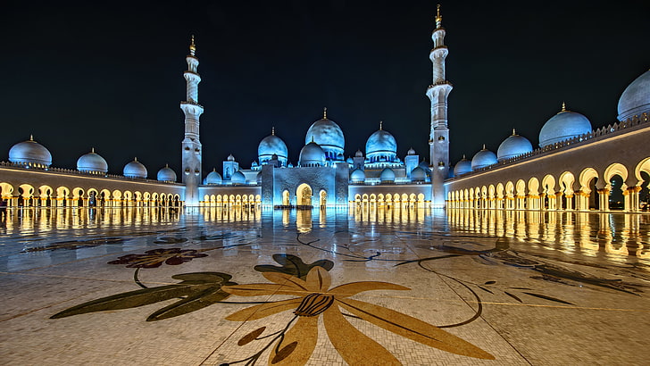 landmark, mosque, tourist attraction, place of worship, building, night, abu dhabi, sheikh zayed mosque, united arab emirates, uae, evening, tourism, arch, HD wallpaper