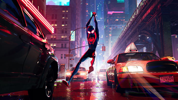 Spider-Man, Spider-Man: Into the Spider-Verse, Marvel Comics, superhero, car, taxi, city, urban, HD wallpaper