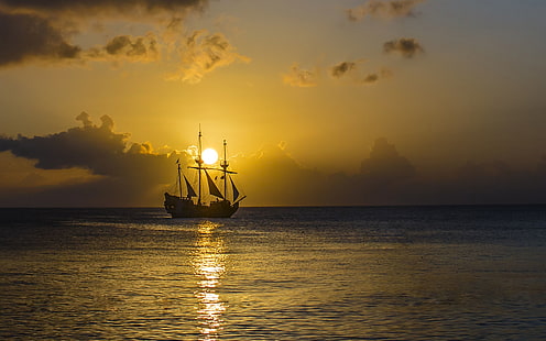 Guld Sunset Ocean Gamla piratskepp med segelhimmel 4k Ultra Hd tapet för stationär mobil och dator 3840 × 2400, HD tapet HD wallpaper