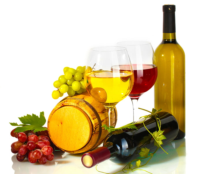butelki do wina, kieliszki do wina i winogrona, wino, czerwone, białe, kieliszki, butelka, beczka, winorośl. winogrona, Tapety HD