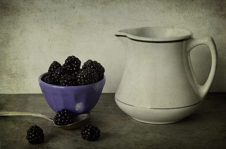 white, style, berries, table, BlackBerry, bowl, pitcher, lilac, spoon, HD wallpaper