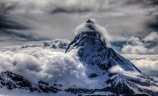 photography, landscape, nature, mountains, snowy peak, clouds, winter, Switzerland, Matterhorn, HD wallpaper HD wallpaper