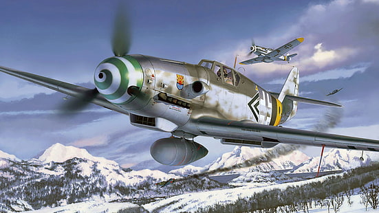 灰色と緑の単葉機の壁紙、フィギュア、アート、メッサーシュミット、Me-109、ドイツ空軍、シングルエンジンピストン戦闘機、低、最も人気のあるモデルBF-109、ドイツ空軍、BF109 G-6、 HDデスクトップの壁紙 HD wallpaper
