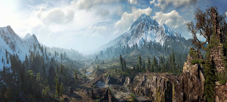 art numérique, The Witcher 3: Wild Hunt, brume, paysage, nuages, nature, pic enneigé, montagnes, forêt, rivière, Fond d'écran HD