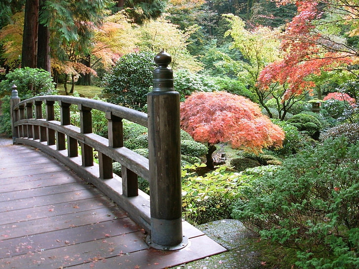 brown wooden railings, Bridges, Bridge, Garden, Japan, Tree, HD wallpaper
