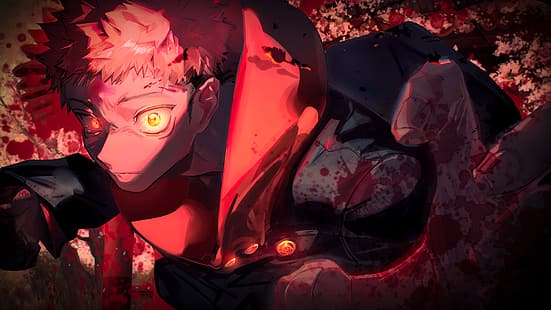Yuji Itadori, Jujutsu Kaisen, Jujutsukaisen, аниме момчета, оранжеви очи, училище, кръв, пръски кръв, червенокоса, HD тапет HD wallpaper