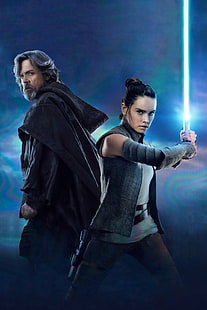 Arte conceptual de Star Wars, Star Wars: The Last Jedi, Rey (de Star Wars), Luke Skywalker, sable de luz, Fondo de pantalla HD HD wallpaper