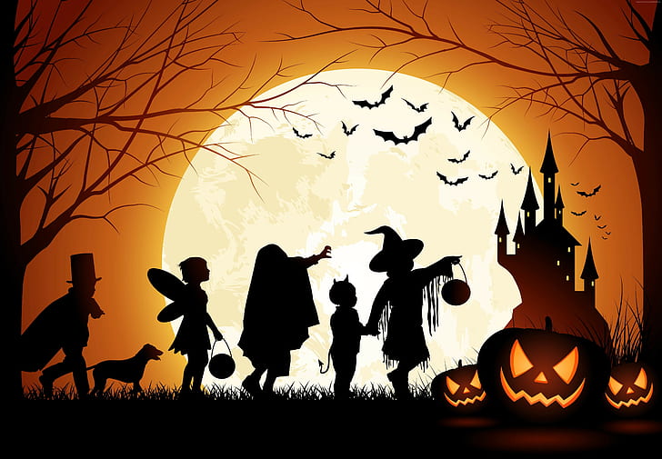 zamek, wakacje, 31 października, gospodarz z dyni, Halloween, las, Tapety HD