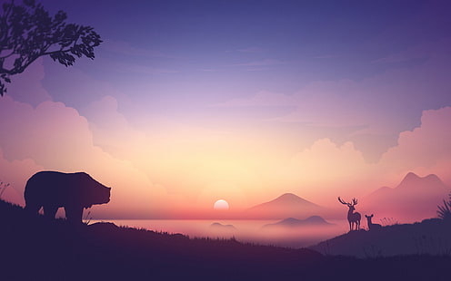 niedźwiedź, jelenie, minimalistyczny, wschód słońca, krajobraz, grafika, mgła, Inne, Tapety HD HD wallpaper