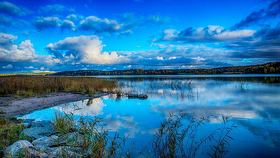 danau, pemandangan biru, danau biru, refleksi, alam, langit, air, awan, jam biru, danau, pagi, fajar, tercermin, cakrawala, Wallpaper HD HD wallpaper