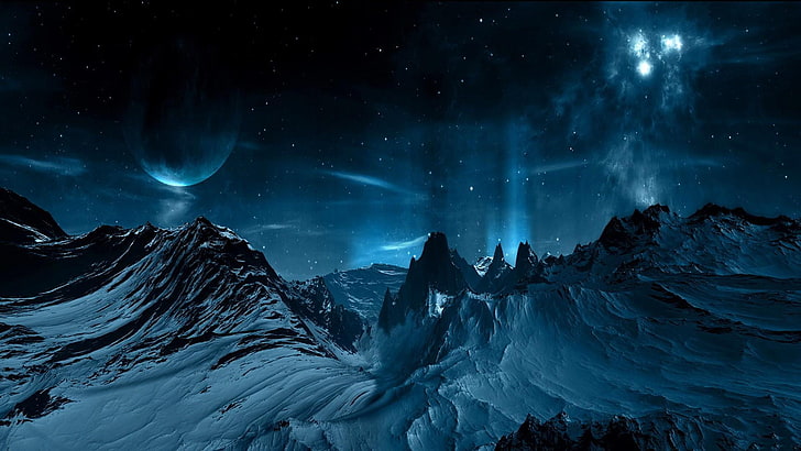 fantasy landscape, sky, darkness, night, night sky, winter, mountain, mountain range, snow, earthlike, space, moon, scifi, fantasy art, science fiction, HD wallpaper