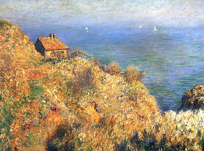 pintura de la casa, mar, paisaje, casa, rocas, barco, imagen, vela, Claude Monet, Fondo de pantalla HD HD wallpaper