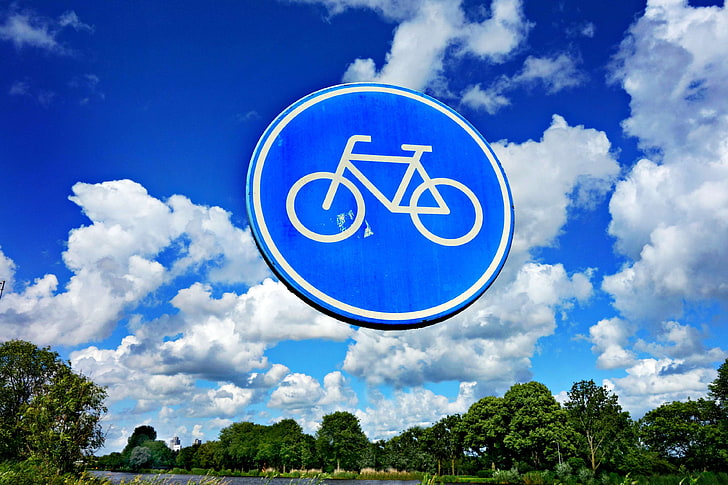 велосипед, направление, круглый дорожный знак, знак, символ, дорожный знак, HD обои