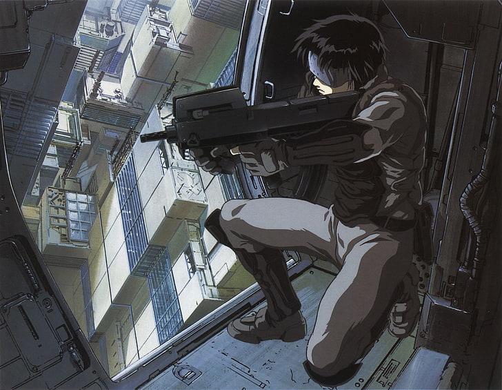ilustração de exército de cabelos pretos, cyberpunk, futurista, fantasma na concha, anime, HD papel de parede