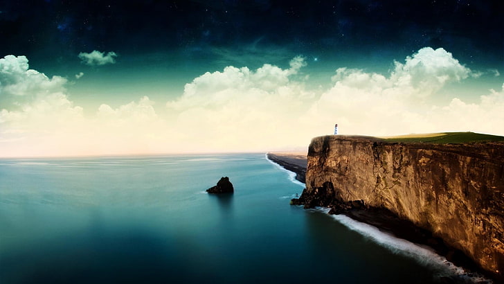 braune Klippe und Gewässer, Täuschung, Klippe, Küste, Leuchtturm, Fotomanipulation, Meer, digitale Kunst, HD-Hintergrundbild