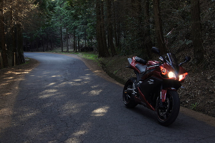 red and black cruiser motorcycle, road, forest, red, motorcycle, bike, Yamaha, yzf-r1, HD wallpaper