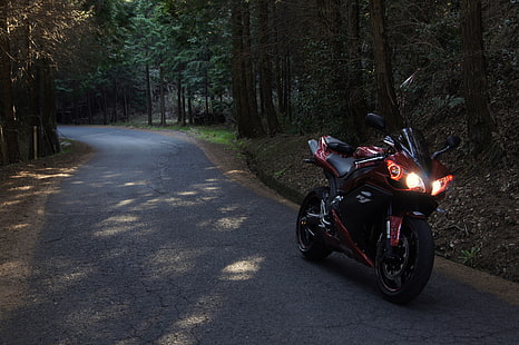 red and black cruiser motorcycle, road, forest, red, motorcycle, bike, Yamaha, yzf-r1, HD wallpaper HD wallpaper