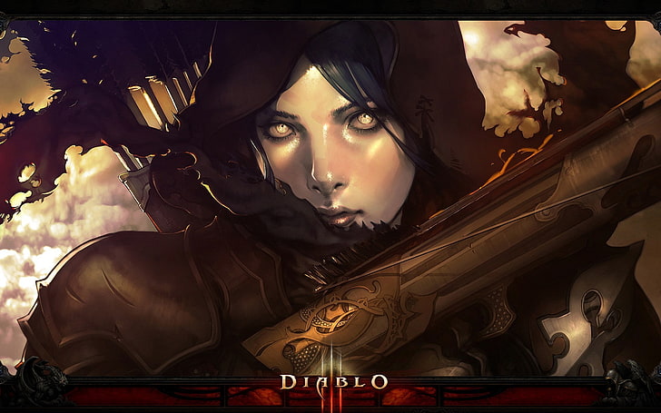 Обои Diablo, девушка, лицо, арт, капюшон, стрелки, Diablo 3, Diablo III, стрелок, арбалет, цифровая живопись, арбалет, Artwor, HD обои