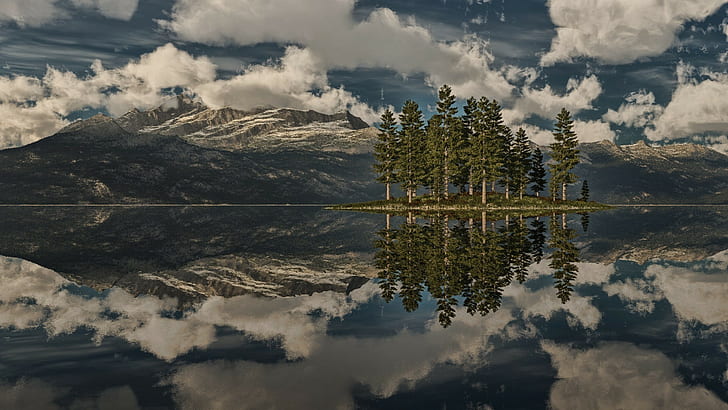 ธรรมชาติภูมิทัศน์ทะเลสาบสะท้อนเกาะท้องฟ้าเมฆน้ำต้นไม้ภูเขา, วอลล์เปเปอร์ HD
