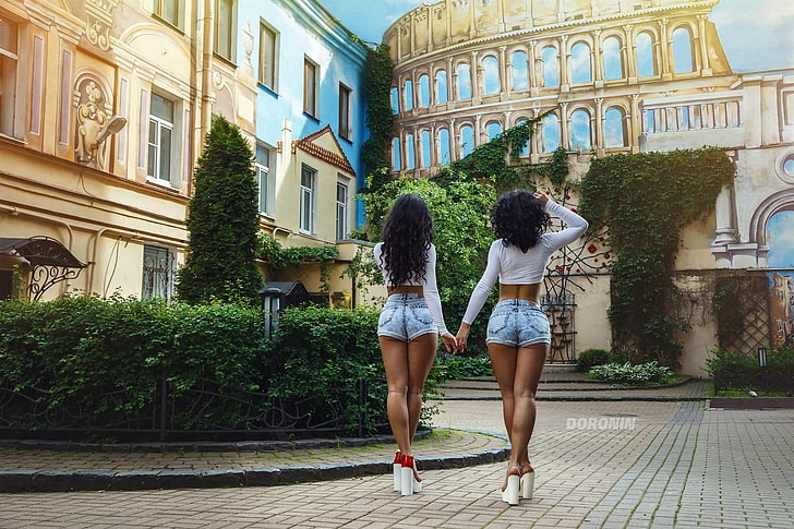 two women's acid-washed short shorts, women, jean shorts, back, wavy hair, brunette, ass, Viktoria Ivanova, Anastasia Lavrentieva, HD wallpaper